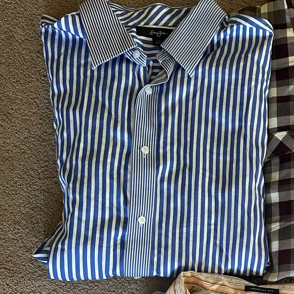 Sean John Navy and White Striped Dress Shirt